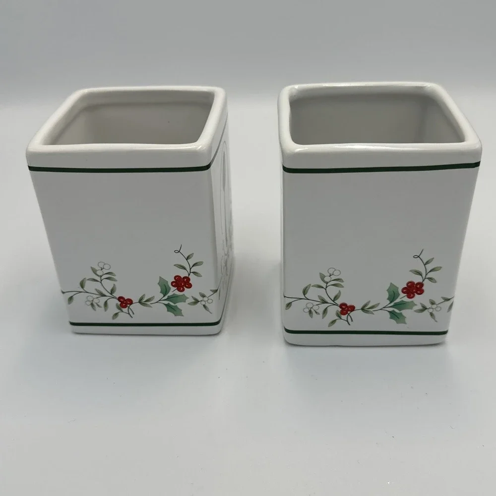 (2) Pfaltzgraff Winterberry Spoon Knife Holder Christmas Table Square‎ Stoneware